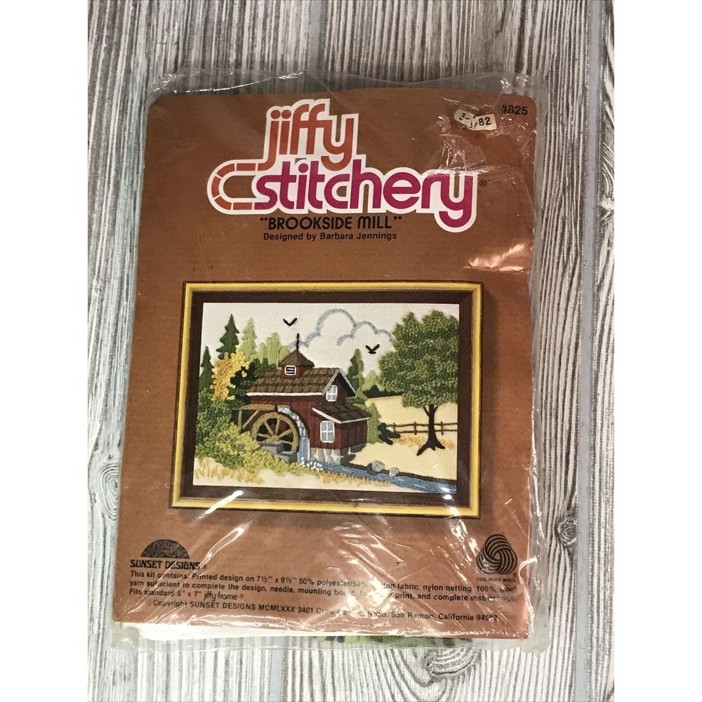 Vintage Jiffy Stitchery Brookside Mill Crewel Kit 825 Sunset Designs 1980 Sealed